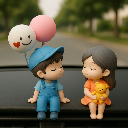 Cute Couple Dashboard Dolls – Boy & Girl with Balloons & Teddy